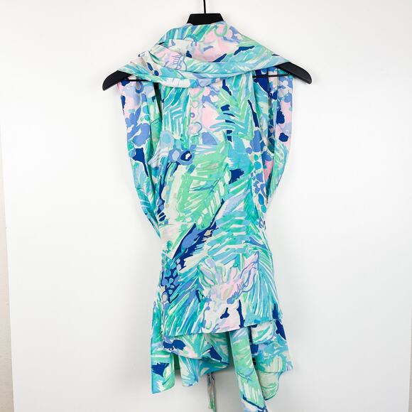 Lilly Pulitzer XXS/XS 100% Silk Wrap Draped Blouse Blue Sleeveless - Picture 5 of 11